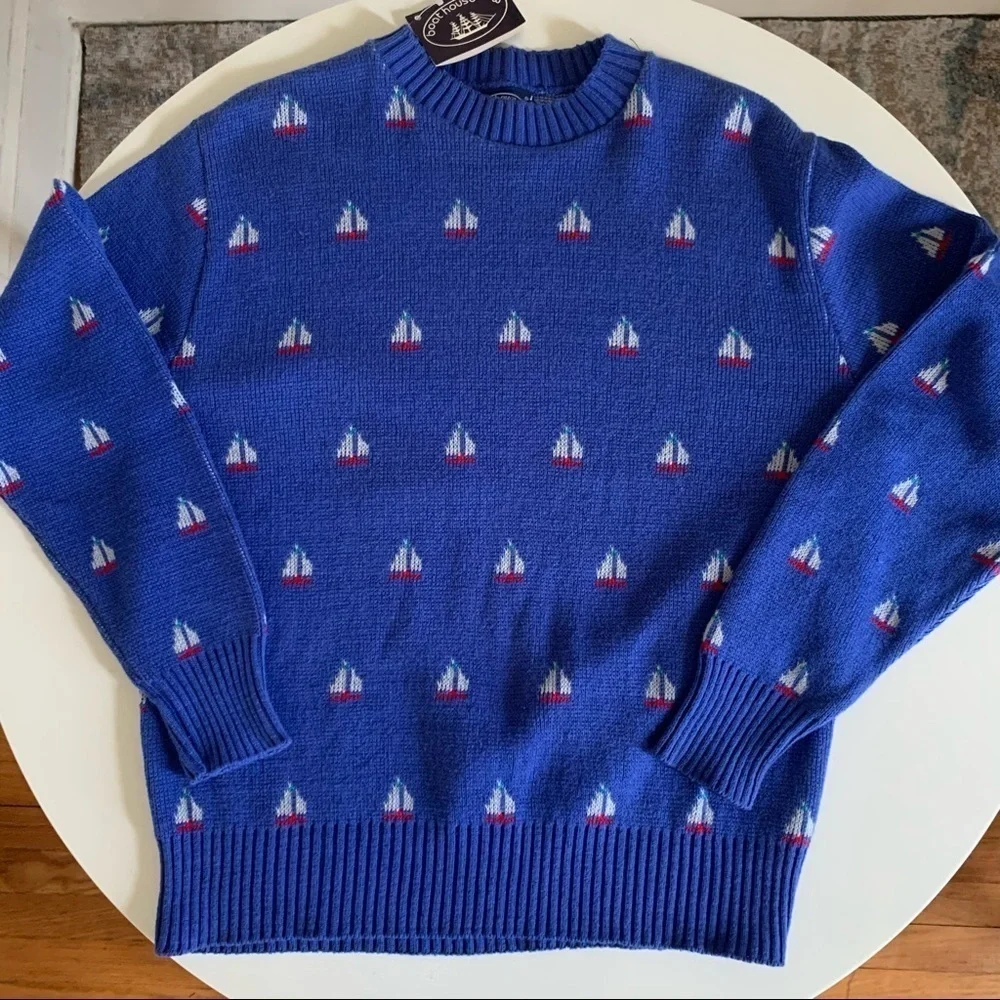 Vintage Boat House Row Sailboat Print Crewneck Sweater Men’s Size Medium New